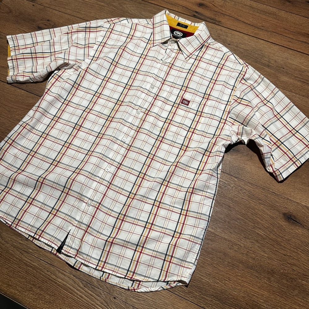 Y2K Ecko Unltd White Plaid Short Sleeve Button Up Shirt Mens Large Dwyer